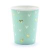 Χάρτινα ποτήρια στο χρώμα της μέντας με χρυσές και λευκές καρδούλες