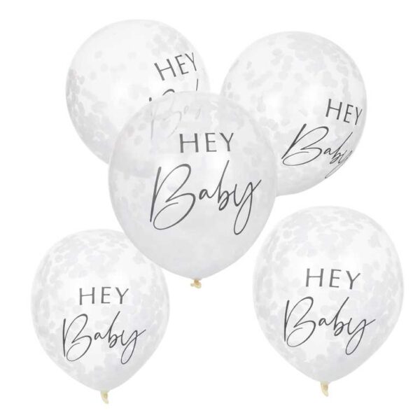 Hey Baby Shower Μπαλόνια με Λευκά Κομφετί