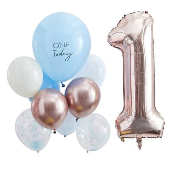 1st Birthday Μπαλόνια Γαλάζιο & Rose Gold Σετ!