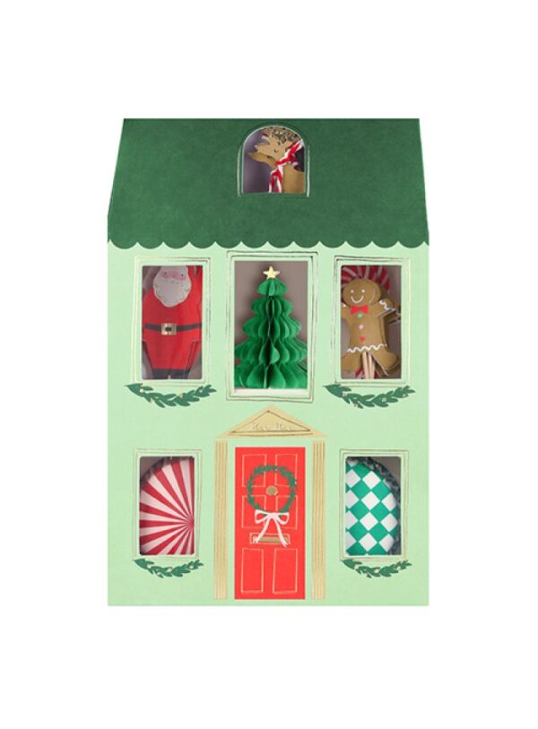 Χριστουγεννιάτικο Cupcake Kit Festive House, Meri Meri! Σετ για cupcakes με χριστουγεννιάτικα στοιχεία. Ετοιμαστείτε για το χριστουγεννιάτικο πάρτι σας και στολίστε τα cupcakes σας ,αλλά και οποιαδήποτε άλλη λιχουδιά, με αυτό το υπέροχο σετ. Ολοκληρώστε τη διακόσμηση με πιάτα, χαρτοπετσέτες, ποτήρια, διακοσμητικά κ.ά. του ιδίου θέματος. Αποτελεί, φυσικά, ιδανικό δωράκι για όσους λατρεύουν να δημιουργούν γιορτινά εδέσματα! Πρωτότυπη συσκευασία γιορτινό σπιτάκι, κατασκευασμένη από βιώσιμο χαρτί F