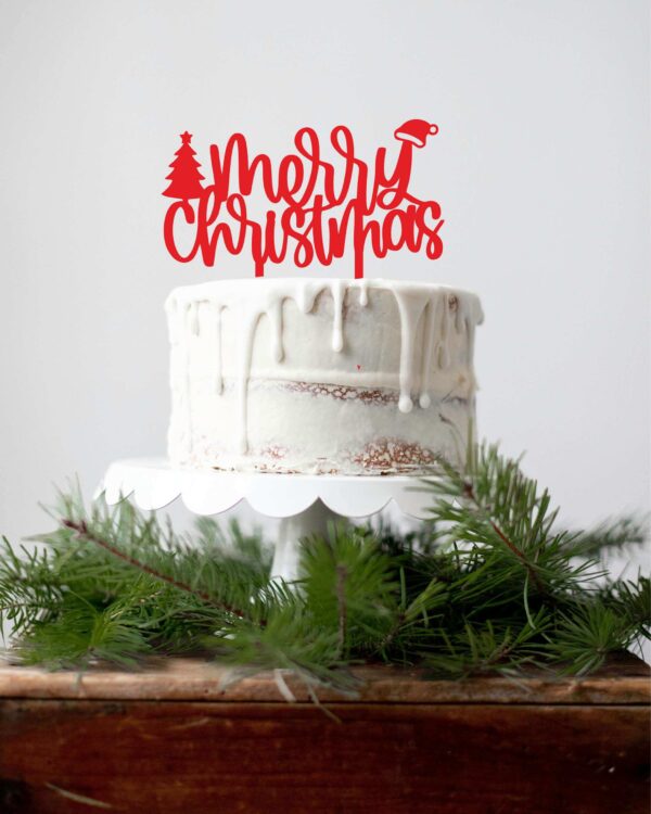 Χριστουγεννιάτικο Cake Topper Plexiglass Κόκκινο Merry Christmas με Δέντρο & Καπέλο! Διακοσμήστε εύκολα και φανταστικά την τούρτα, το cake, τη βασιλόπιτα κλπ τώρα τις γιορτές!!!