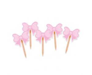 Cup Cake Topper Οδοντογλυφίδες Ροζ Φιόγκος, 25 τεμ